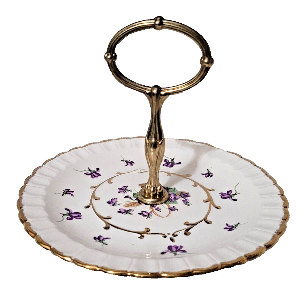 Vintage Wood and Sons England Porcelain Tidbit Tray Purple Flowers Gold Whimsica